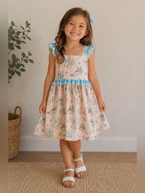 Peter Rabbit Girls Pink Flower Bunny Sundress with Blue Gingham Trim Spring 5